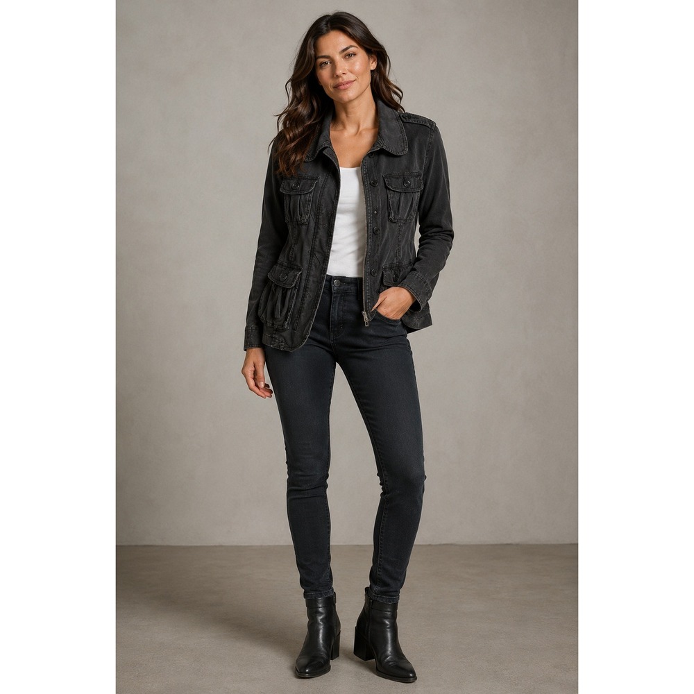 AC 3998 Womens Black Utility Field Jacket Cotton Blend Size L Epaulettes Cargo